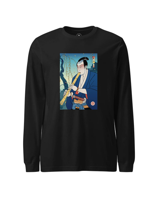 Samurai Play Shakuhachi Bamboo Flute Ukiyo-e Unisex Long Sleeve Tee Black - Samurai Original