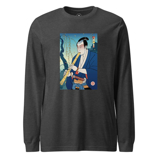 Samurai Play Shakuhachi Bamboo Flute Ukiyo-e Unisex Long Sleeve Tee Dark Grey Heather - Samurai Original