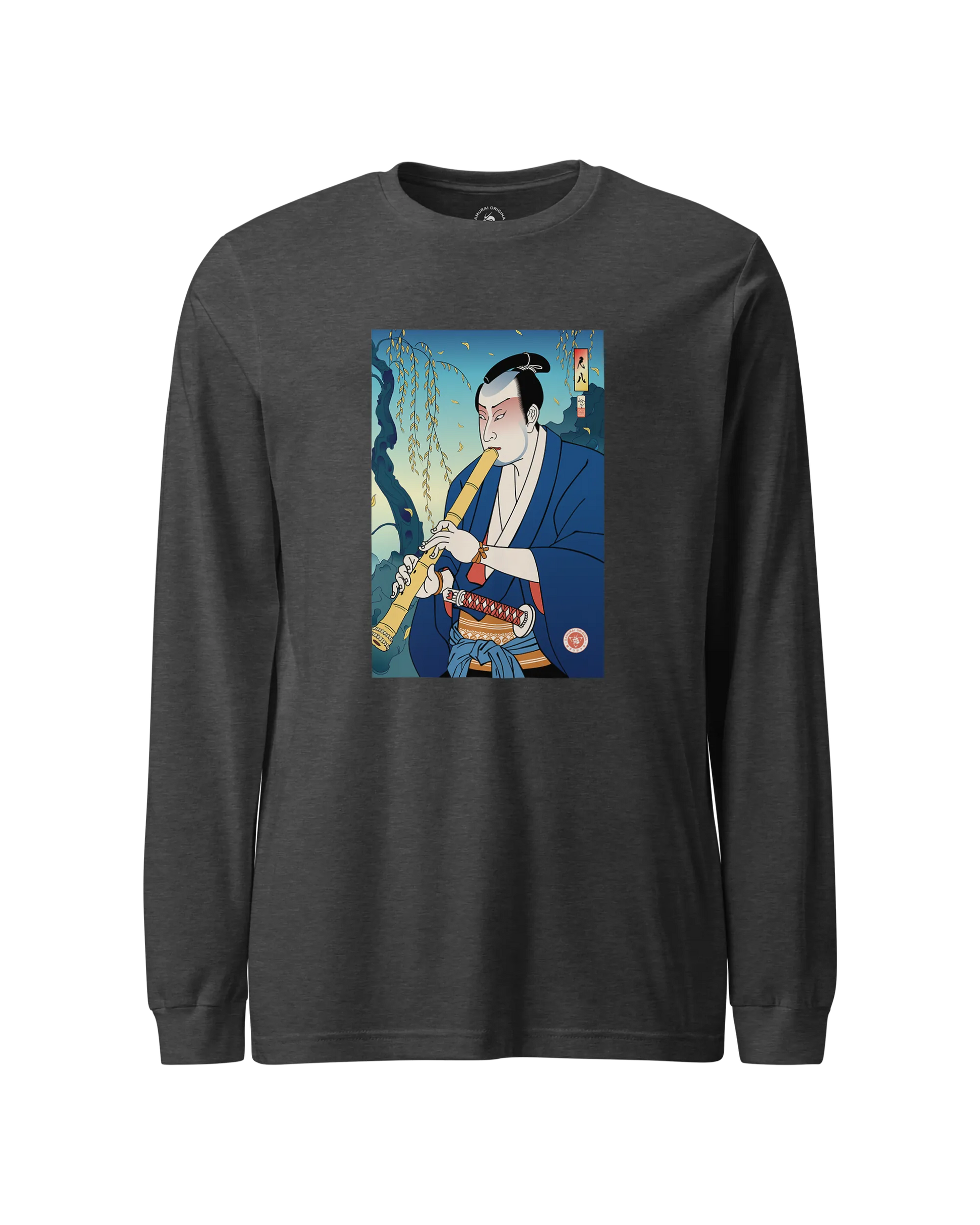 Samurai Play Shakuhachi Bamboo Flute Ukiyo-e Unisex Long Sleeve Tee Dark Grey Heather - Samurai Original