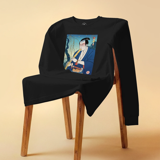 Samurai Play Shakuhachi Bamboo Flute Ukiyo-e Unisex Long Sleeve Tee - Samurai Original