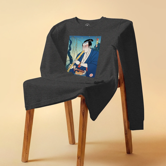 Samurai Play Shakuhachi Bamboo Flute Ukiyo-e Unisex Long Sleeve Tee - Samurai Original