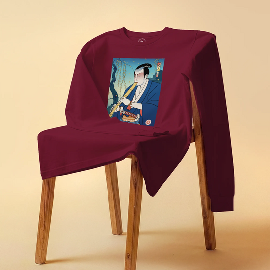Samurai Play Shakuhachi Bamboo Flute Ukiyo-e Unisex Long Sleeve Tee - Samurai Original