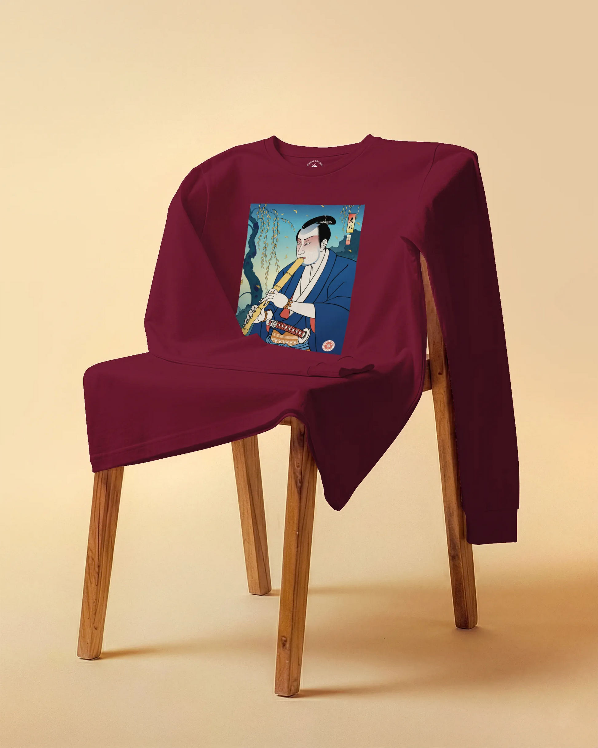Samurai Play Shakuhachi Bamboo Flute Ukiyo-e Unisex Long Sleeve Tee - Samurai Original