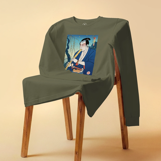 Samurai Play Shakuhachi Bamboo Flute Ukiyo-e Unisex Long Sleeve Tee - Samurai Original