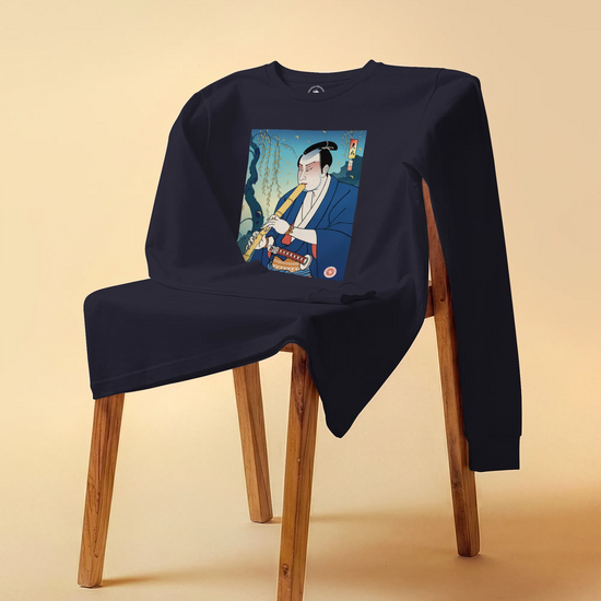 Samurai Play Shakuhachi Bamboo Flute Ukiyo-e Unisex Long Sleeve Tee - Samurai Original