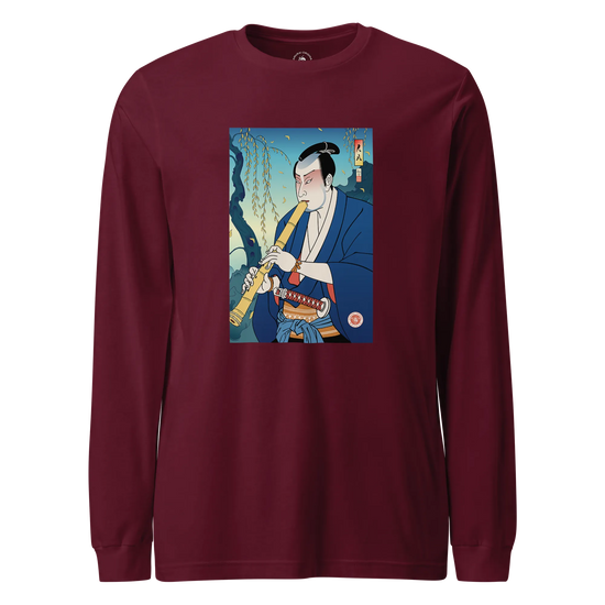 Samurai Play Shakuhachi Bamboo Flute Ukiyo-e Unisex Long Sleeve Tee Maroon - Samurai Original