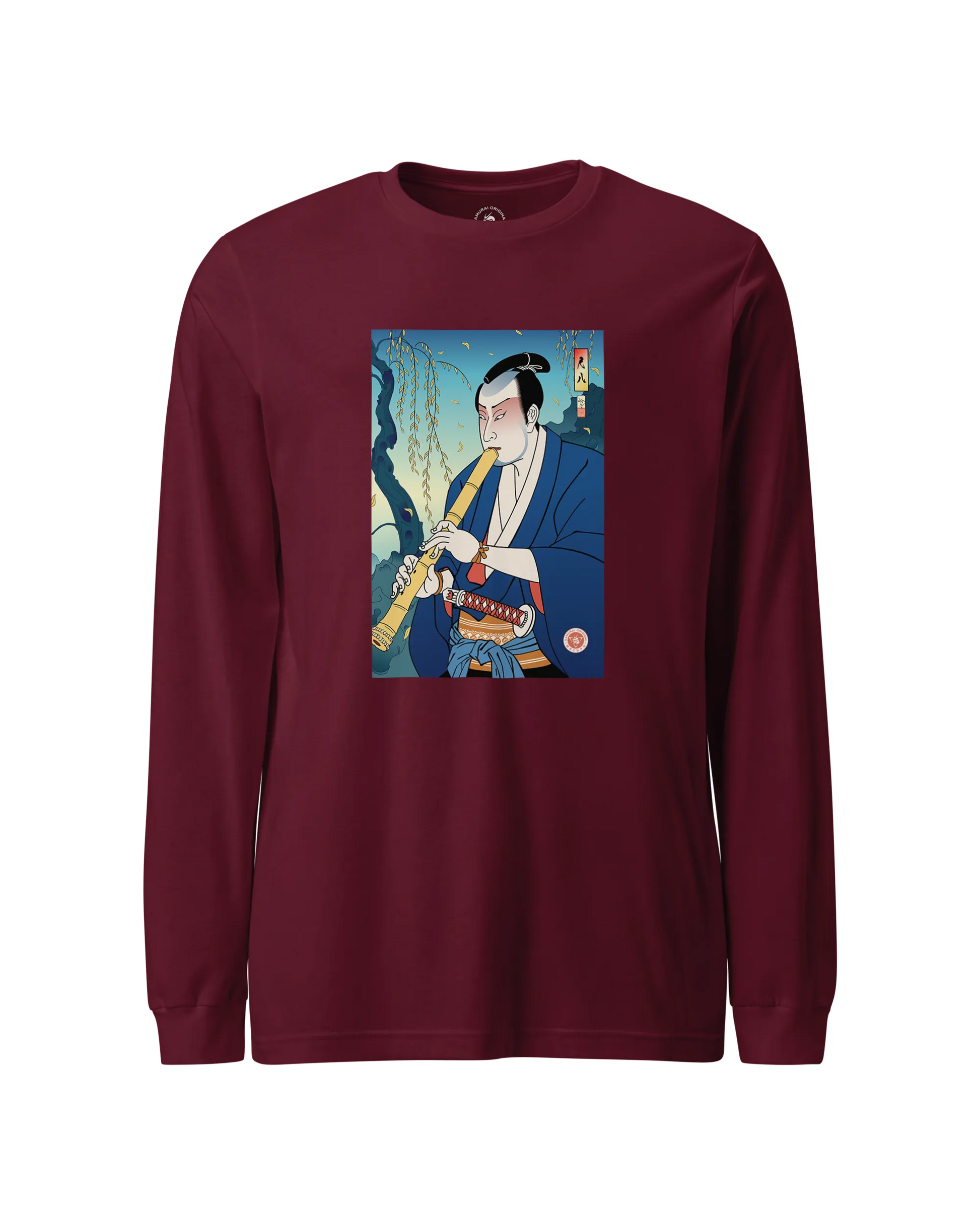 Samurai Play Shakuhachi Bamboo Flute Ukiyo-e Unisex Long Sleeve Tee Maroon - Samurai Original
