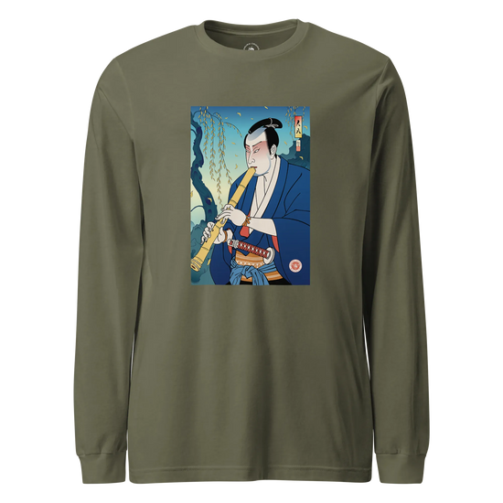 Samurai Play Shakuhachi Bamboo Flute Ukiyo-e Unisex Long Sleeve Tee Military Green - Samurai Original