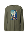 Samurai Play Shakuhachi Bamboo Flute Ukiyo-e Unisex Long Sleeve Tee Military Green - Samurai Original
