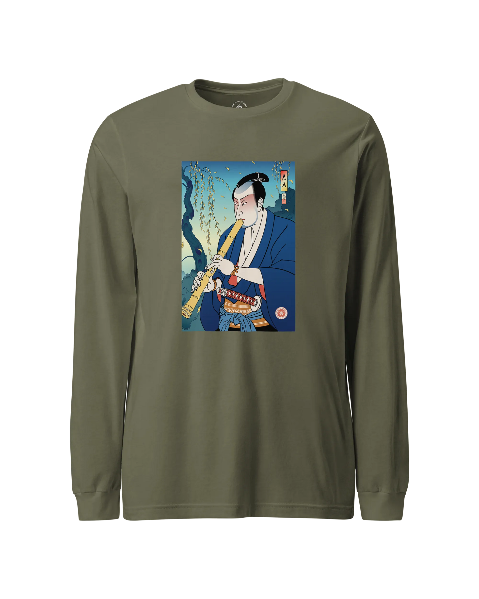 Samurai Play Shakuhachi Bamboo Flute Ukiyo-e Unisex Long Sleeve Tee Military Green - Samurai Original