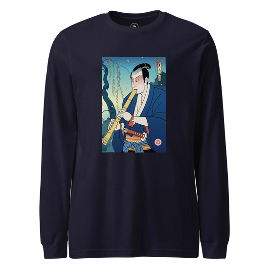 Samurai Play Shakuhachi Bamboo Flute Ukiyo-e Unisex Long Sleeve Tee Navy - Samurai Original