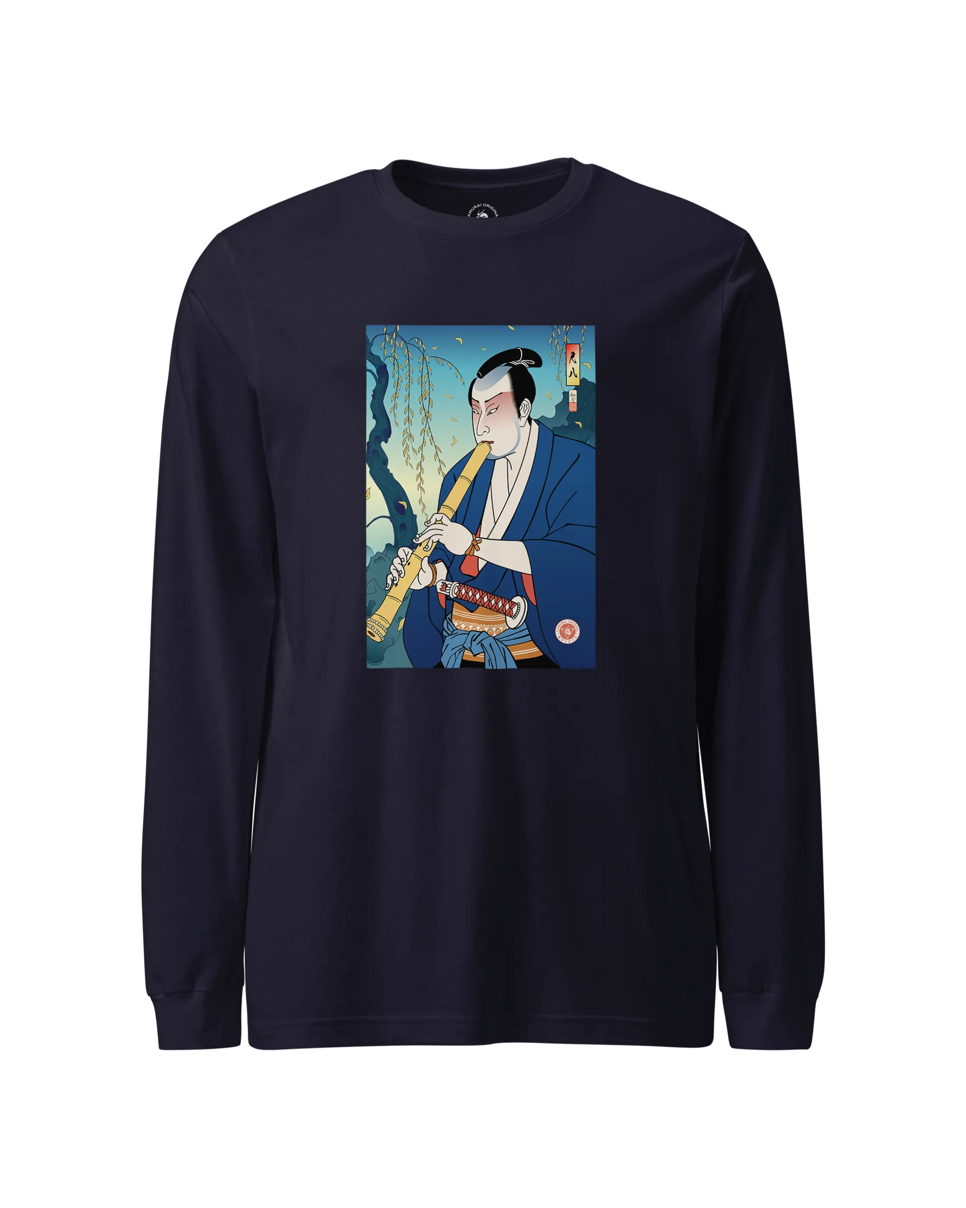 Samurai Play Shakuhachi Bamboo Flute Ukiyo-e Unisex Long Sleeve Tee Navy - Samurai Original