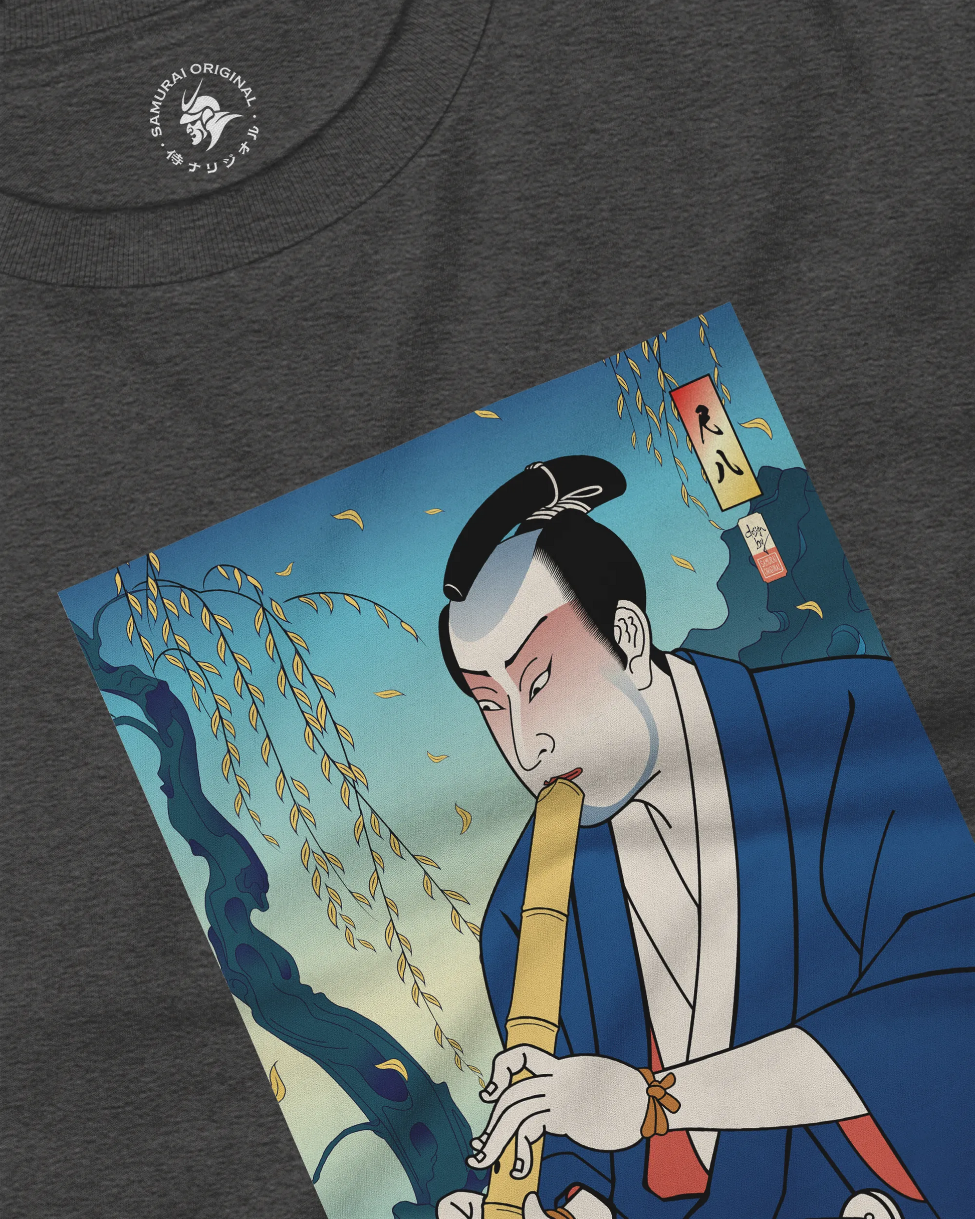 Samurai Play Shakuhachi Bamboo Flute Ukiyo-e Unisex Long Sleeve Tee - Samurai Original