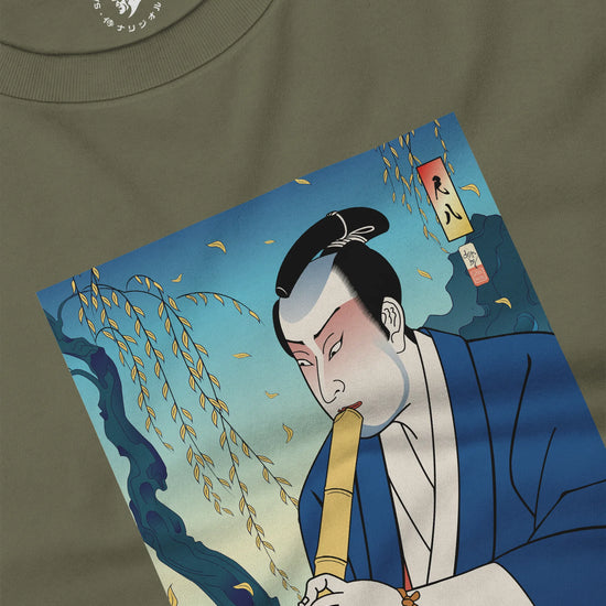 Samurai Play Shakuhachi Bamboo Flute Ukiyo-e Unisex Long Sleeve Tee - Samurai Original