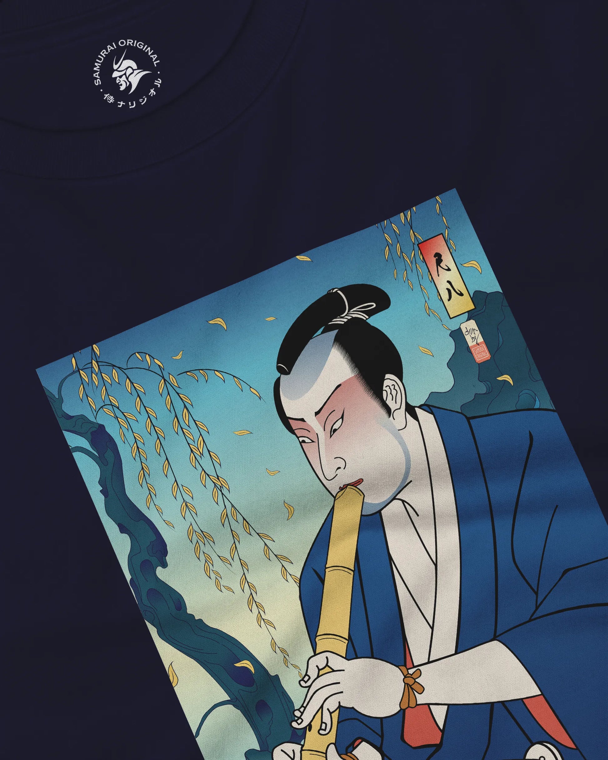 Samurai Play Shakuhachi Bamboo Flute Ukiyo-e Unisex Long Sleeve Tee - Samurai Original