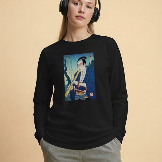 Samurai Play Shakuhachi Bamboo Flute Ukiyo-e Unisex Long Sleeve Tee - Samurai Original