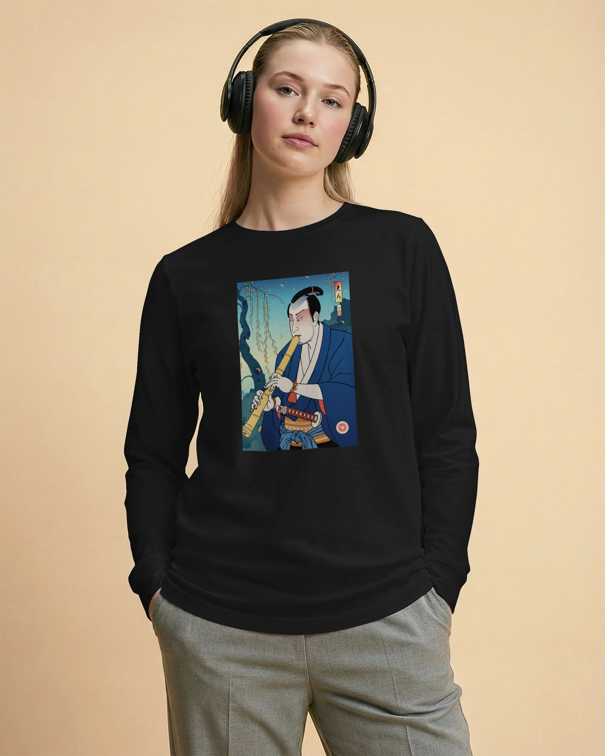Samurai Play Shakuhachi Bamboo Flute Ukiyo-e Unisex Long Sleeve Tee - Samurai Original