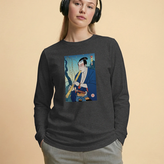 Samurai Play Shakuhachi Bamboo Flute Ukiyo-e Unisex Long Sleeve Tee - Samurai Original