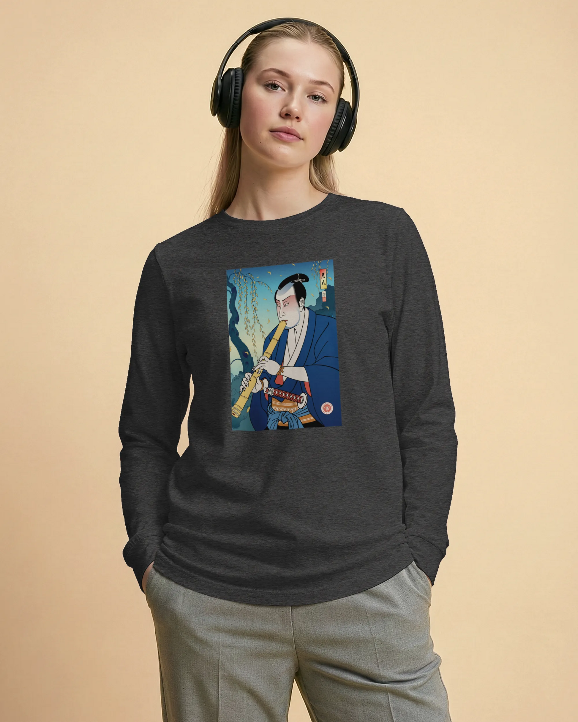 Samurai Play Shakuhachi Bamboo Flute Ukiyo-e Unisex Long Sleeve Tee - Samurai Original