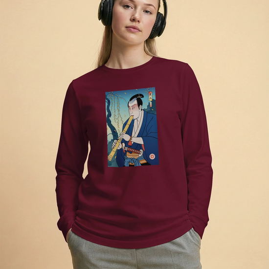 Samurai Play Shakuhachi Bamboo Flute Ukiyo-e Unisex Long Sleeve Tee - Samurai Original