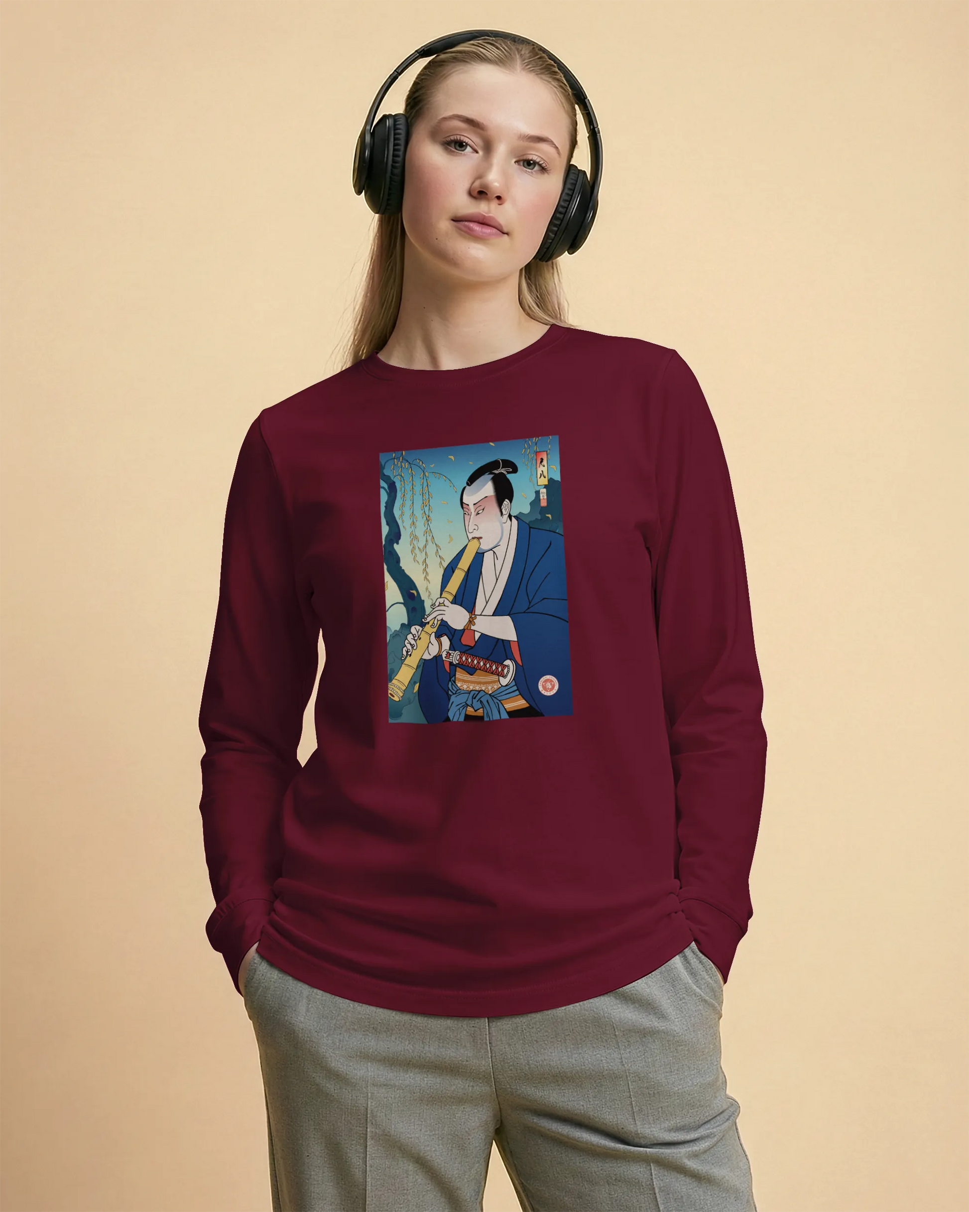 Samurai Play Shakuhachi Bamboo Flute Ukiyo-e Unisex Long Sleeve Tee - Samurai Original