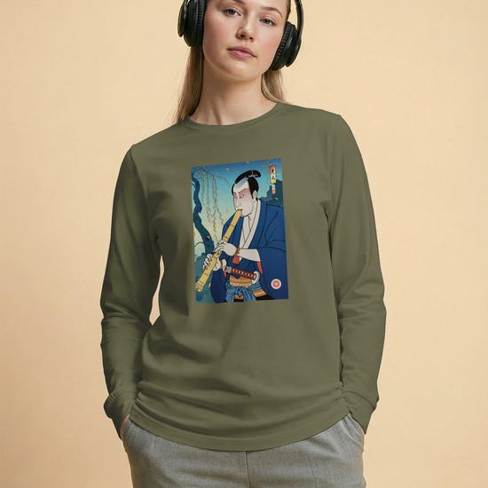 Samurai Play Shakuhachi Bamboo Flute Ukiyo-e Unisex Long Sleeve Tee - Samurai Original