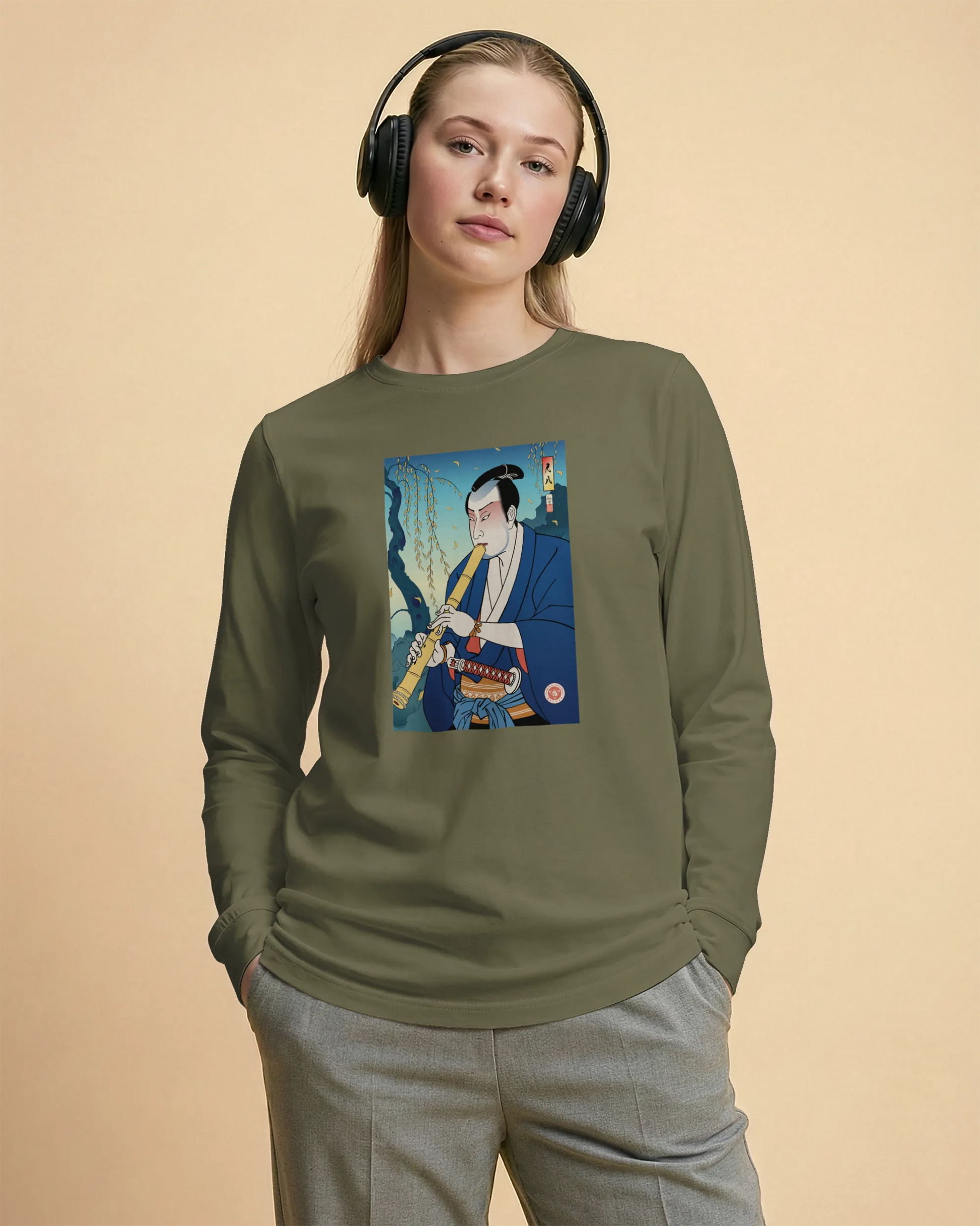 Samurai Play Shakuhachi Bamboo Flute Ukiyo-e Unisex Long Sleeve Tee - Samurai Original