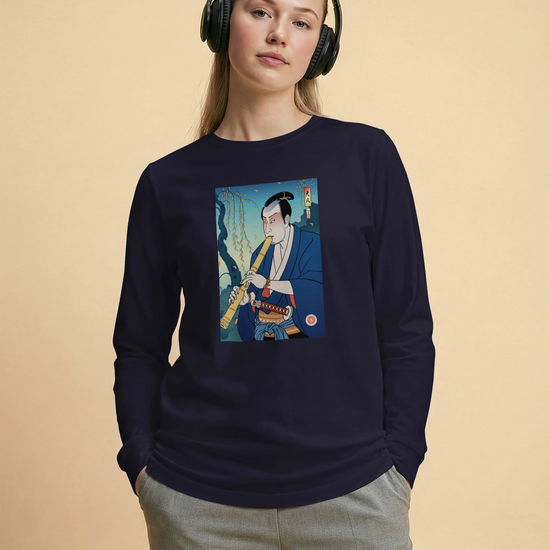 Samurai Play Shakuhachi Bamboo Flute Ukiyo-e Unisex Long Sleeve Tee - Samurai Original
