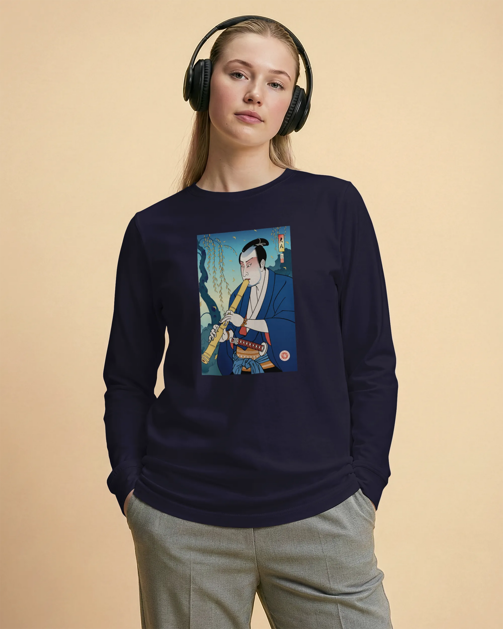 Samurai Play Shakuhachi Bamboo Flute Ukiyo-e Unisex Long Sleeve Tee - Samurai Original