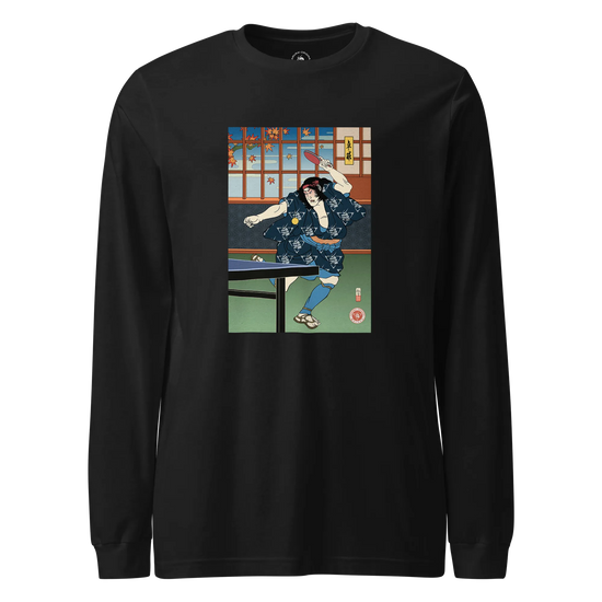 Samurai Play Table Tennis Ping Pong Ukiyo-e Unisex Long Sleeve Tee Black - Samurai Original