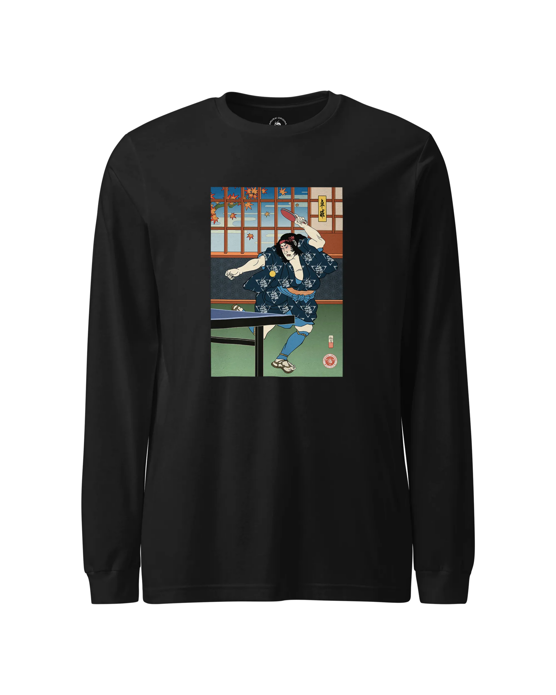 Samurai Play Table Tennis Ping Pong Ukiyo-e Unisex Long Sleeve Tee Black - Samurai Original