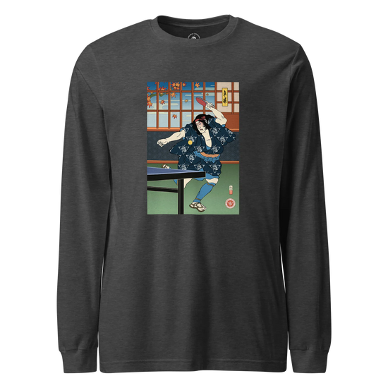 Samurai Play Table Tennis Ping Pong Ukiyo-e Unisex Long Sleeve Tee Dark Grey Heather - Samurai Original