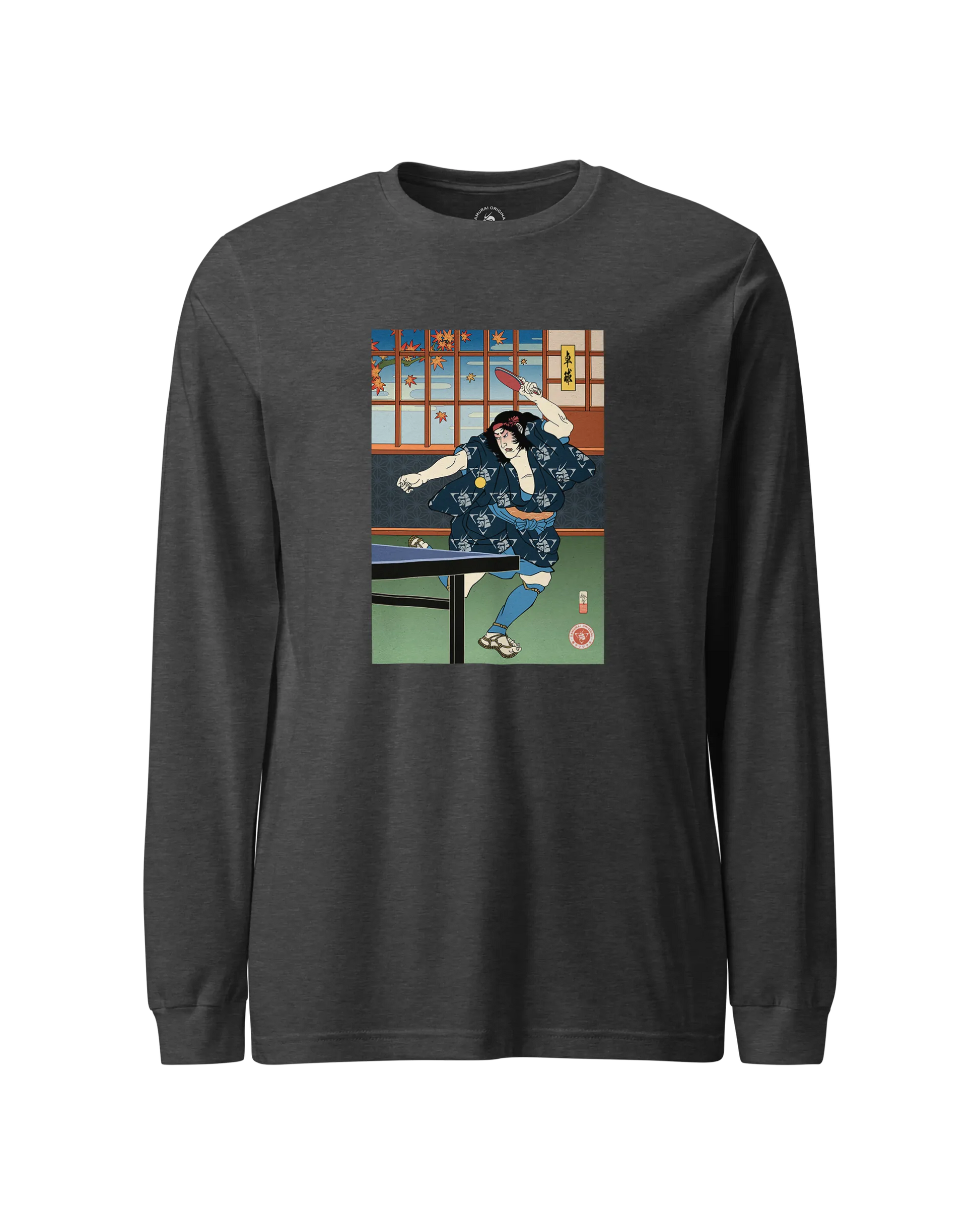 Samurai Play Table Tennis Ping Pong Ukiyo-e Unisex Long Sleeve Tee Dark Grey Heather - Samurai Original