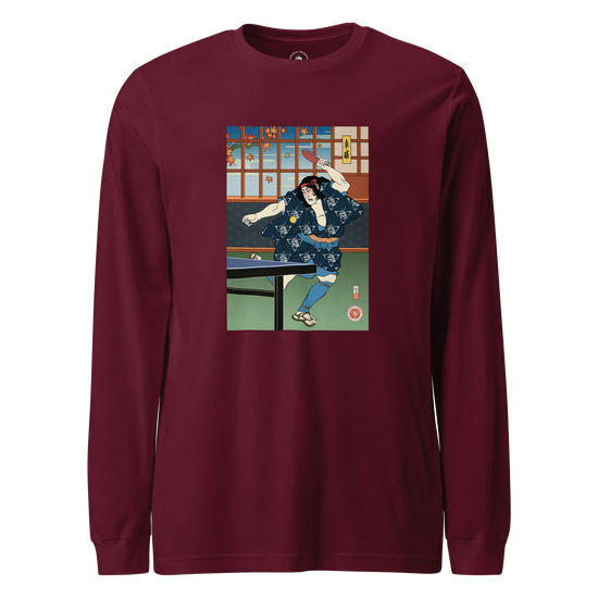 Samurai Play Table Tennis Ping Pong Ukiyo-e Unisex Long Sleeve Tee Maroon - Samurai Original