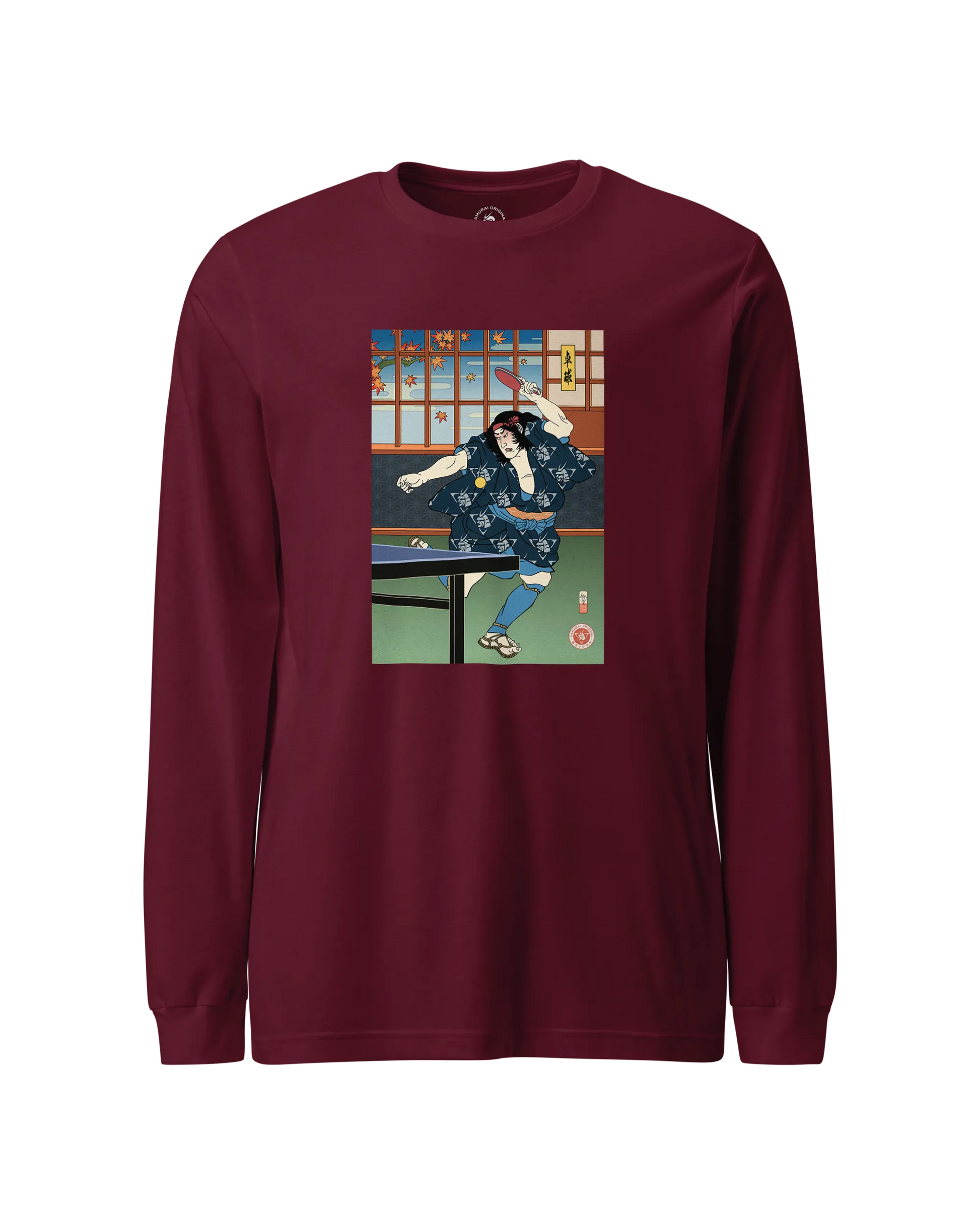 Samurai Play Table Tennis Ping Pong Ukiyo-e Unisex Long Sleeve Tee Maroon - Samurai Original