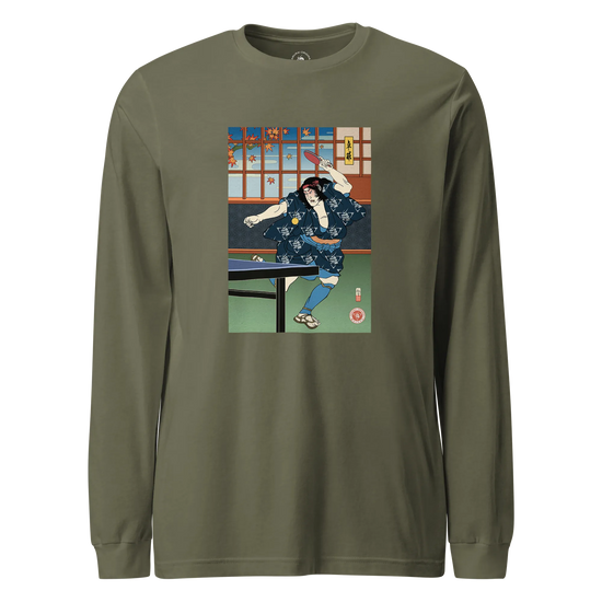 Samurai Play Table Tennis Ping Pong Ukiyo-e Unisex Long Sleeve Tee Military Green - Samurai Original