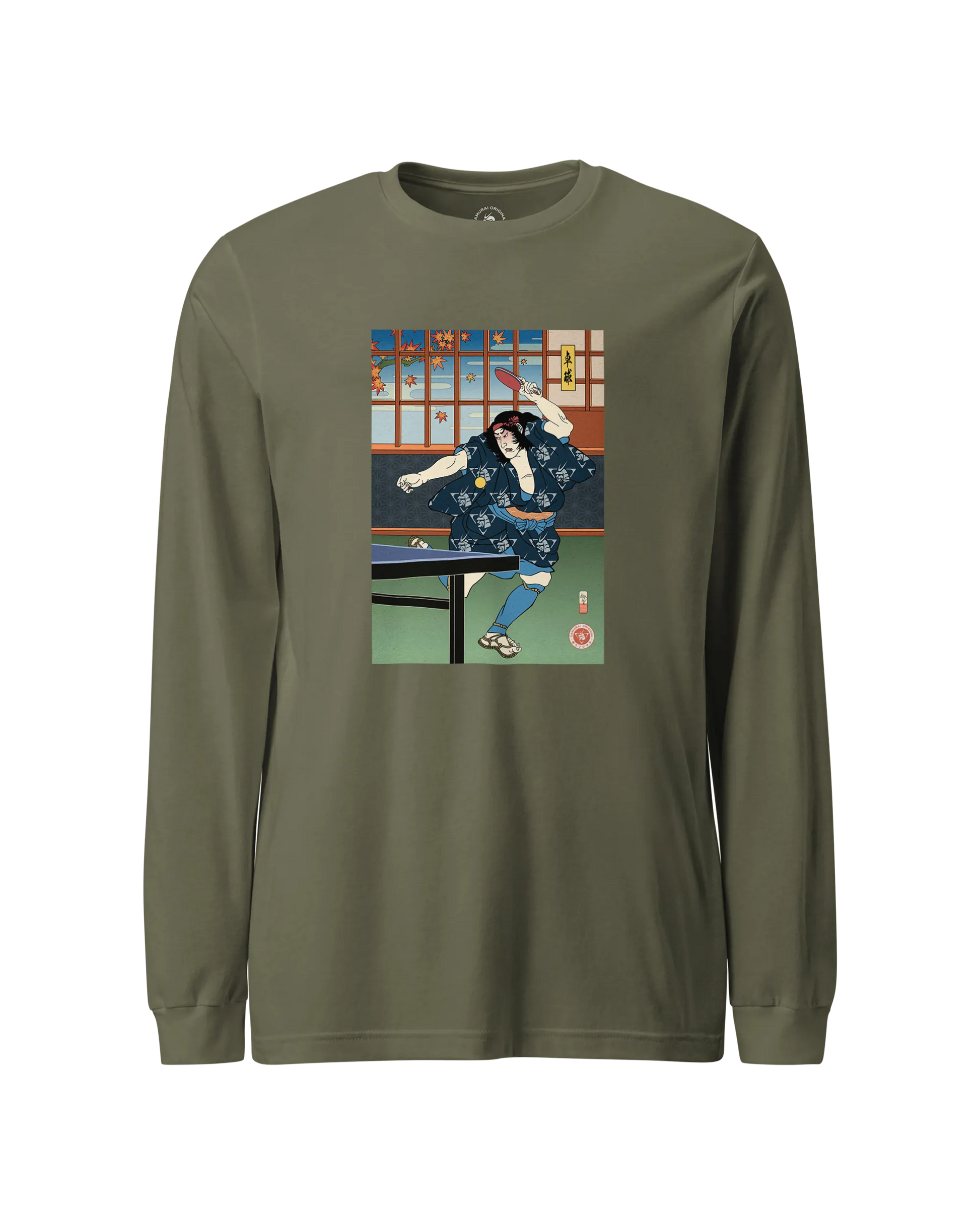 Samurai Play Table Tennis Ping Pong Ukiyo-e Unisex Long Sleeve Tee Military Green - Samurai Original