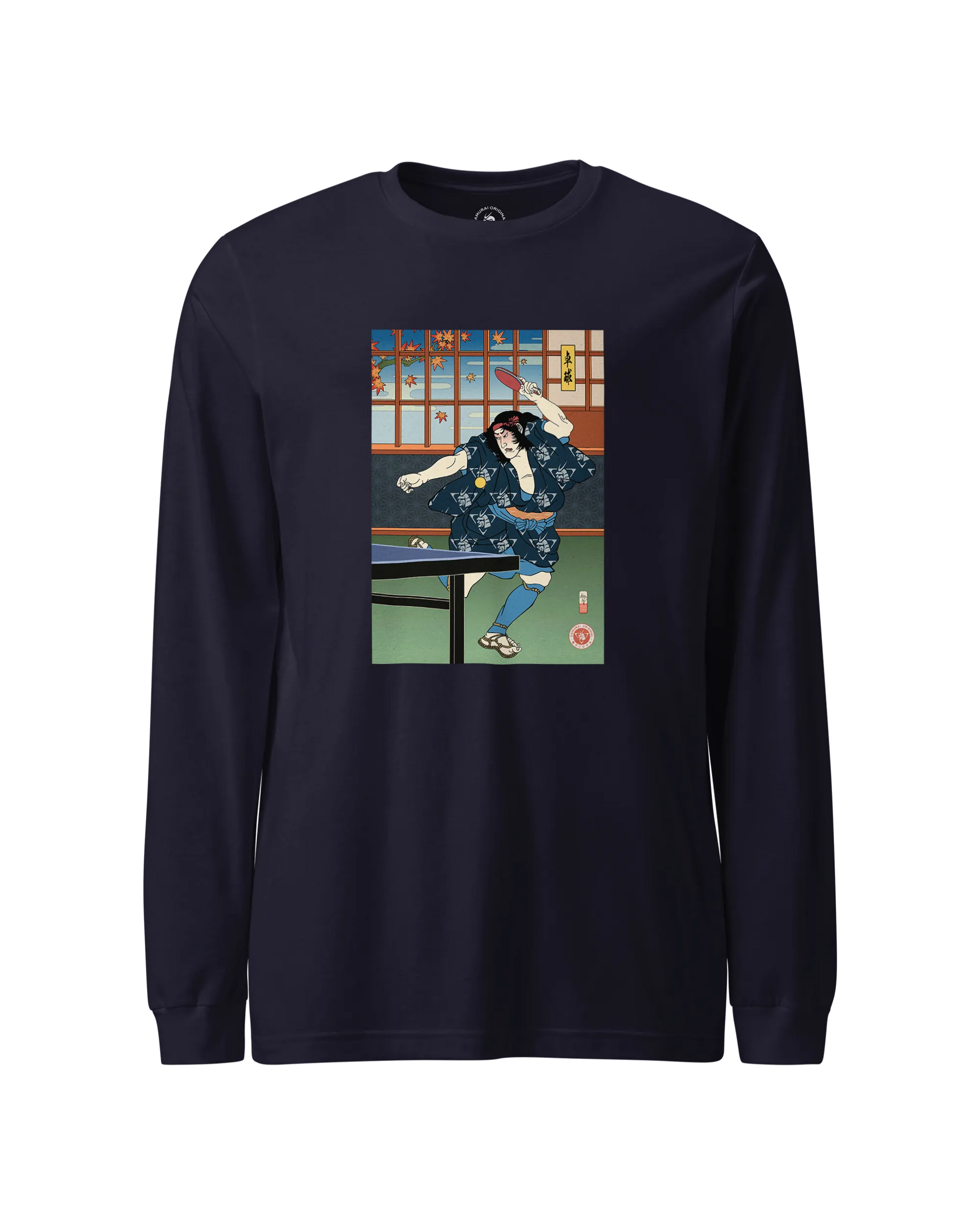 Samurai Play Table Tennis Ping Pong Ukiyo-e Unisex Long Sleeve Tee Navy - Samurai Original