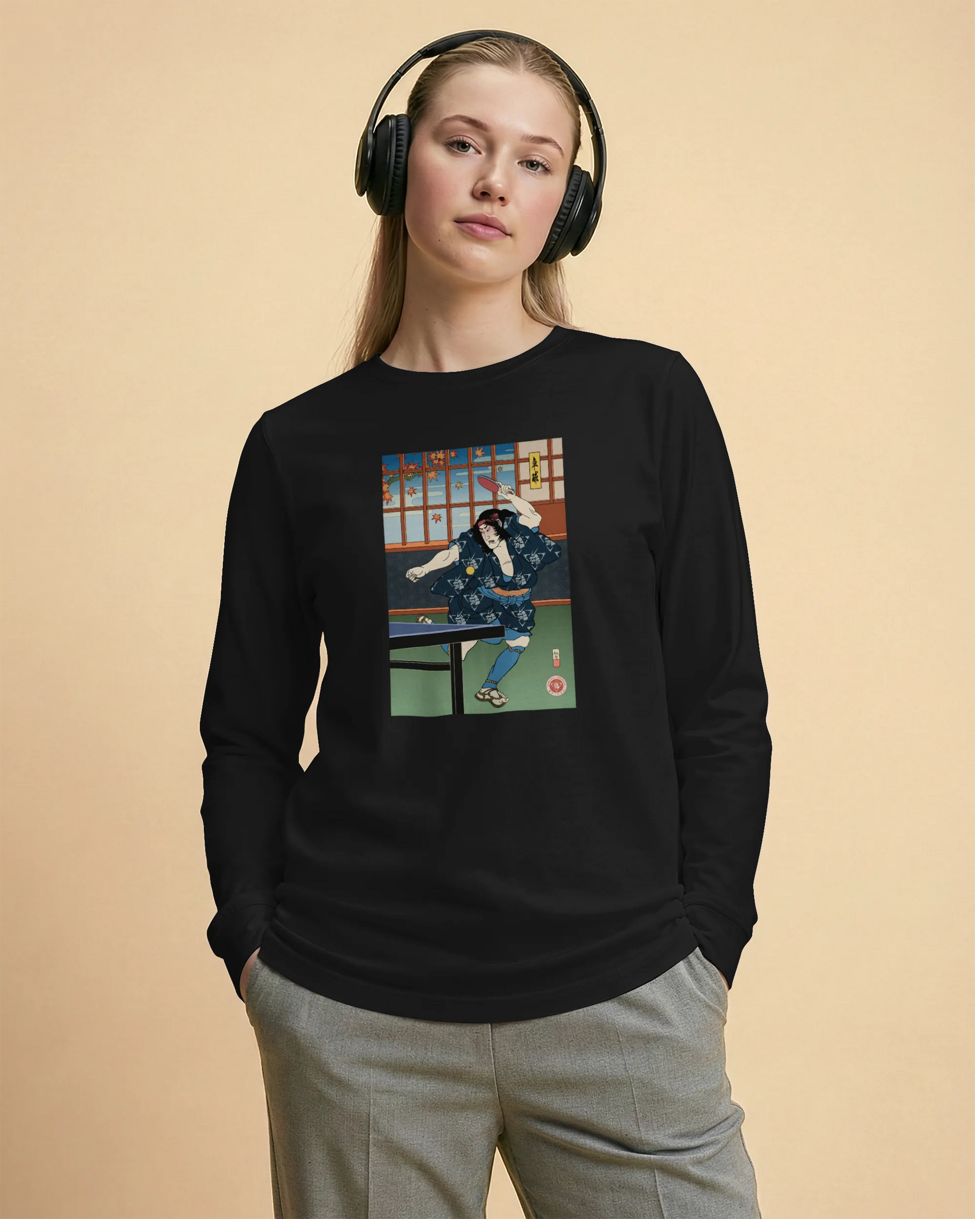 Samurai Play Table Tennis Ping Pong Ukiyo-e Unisex Long Sleeve Tee - Samurai Original