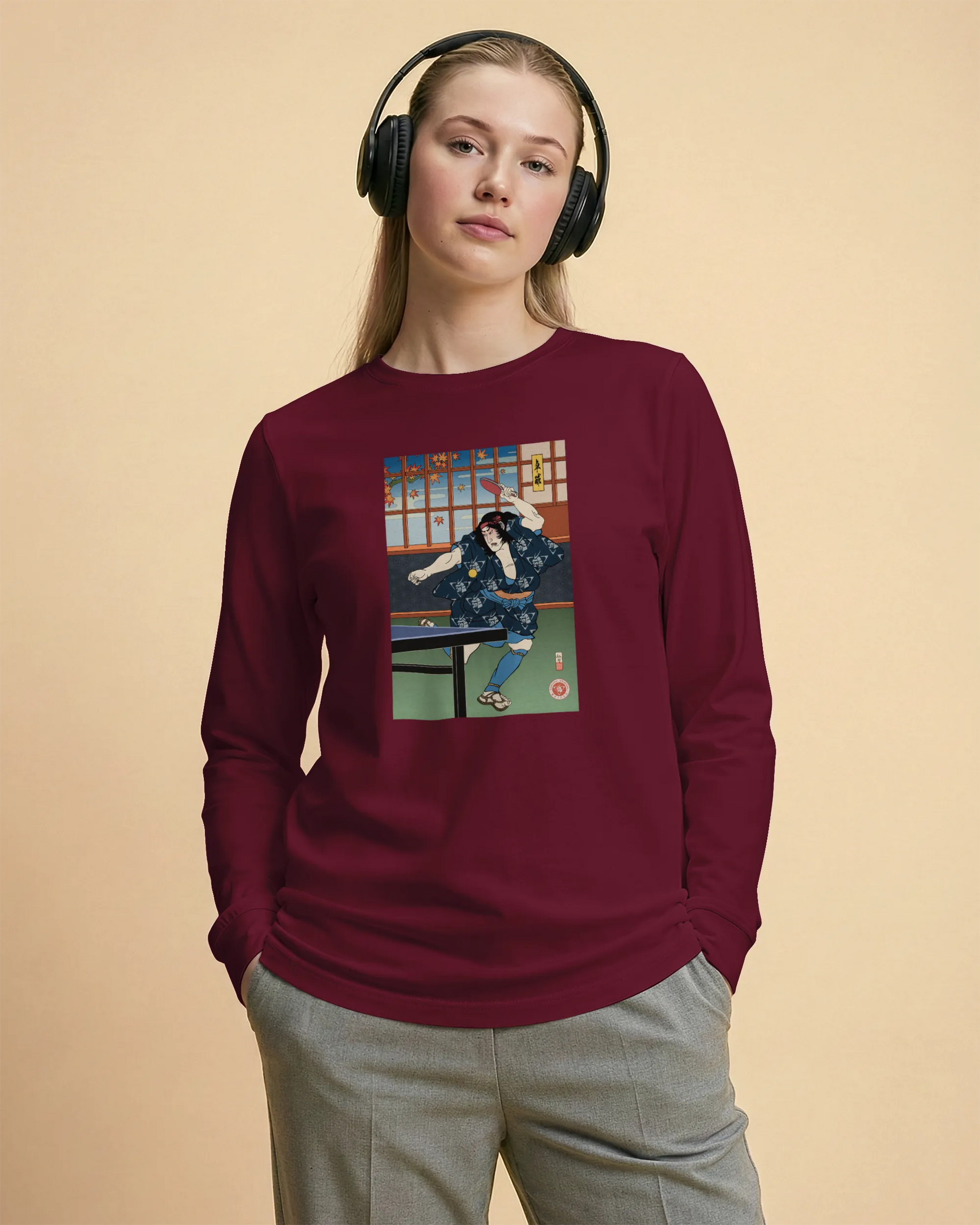 Samurai Play Table Tennis Ping Pong Ukiyo-e Unisex Long Sleeve Tee - Samurai Original