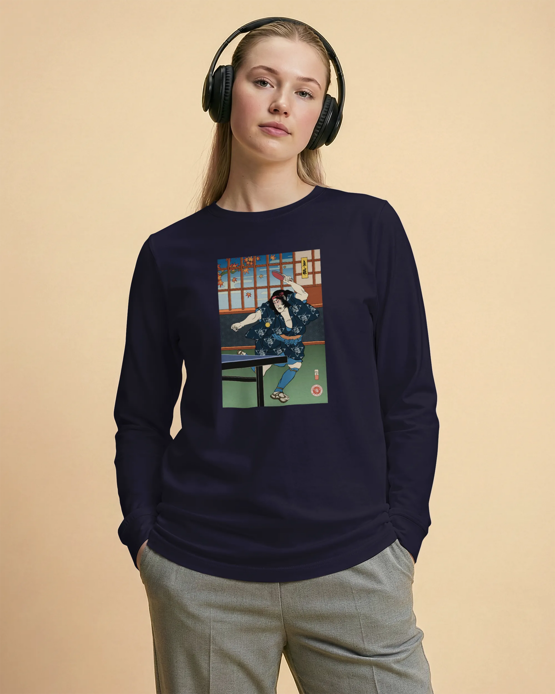 Samurai Play Table Tennis Ping Pong Ukiyo-e Unisex Long Sleeve Tee - Samurai Original