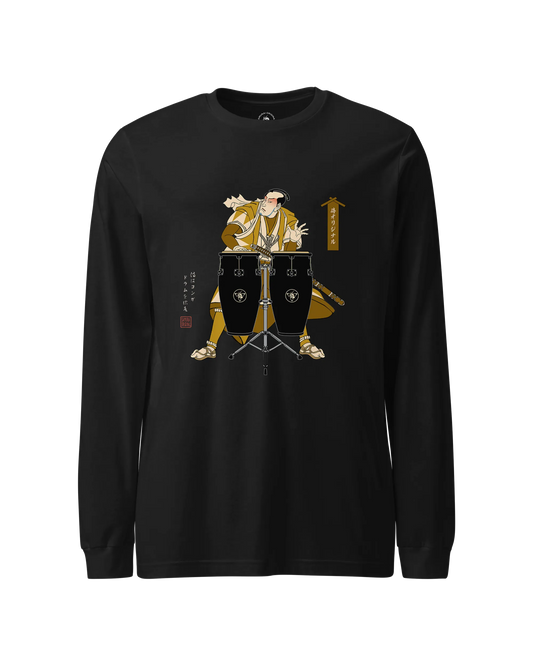 Samurai Playing the Conga Drums Ukiyo-e Unisex Long Sleeve Tee Black - Samurai Original