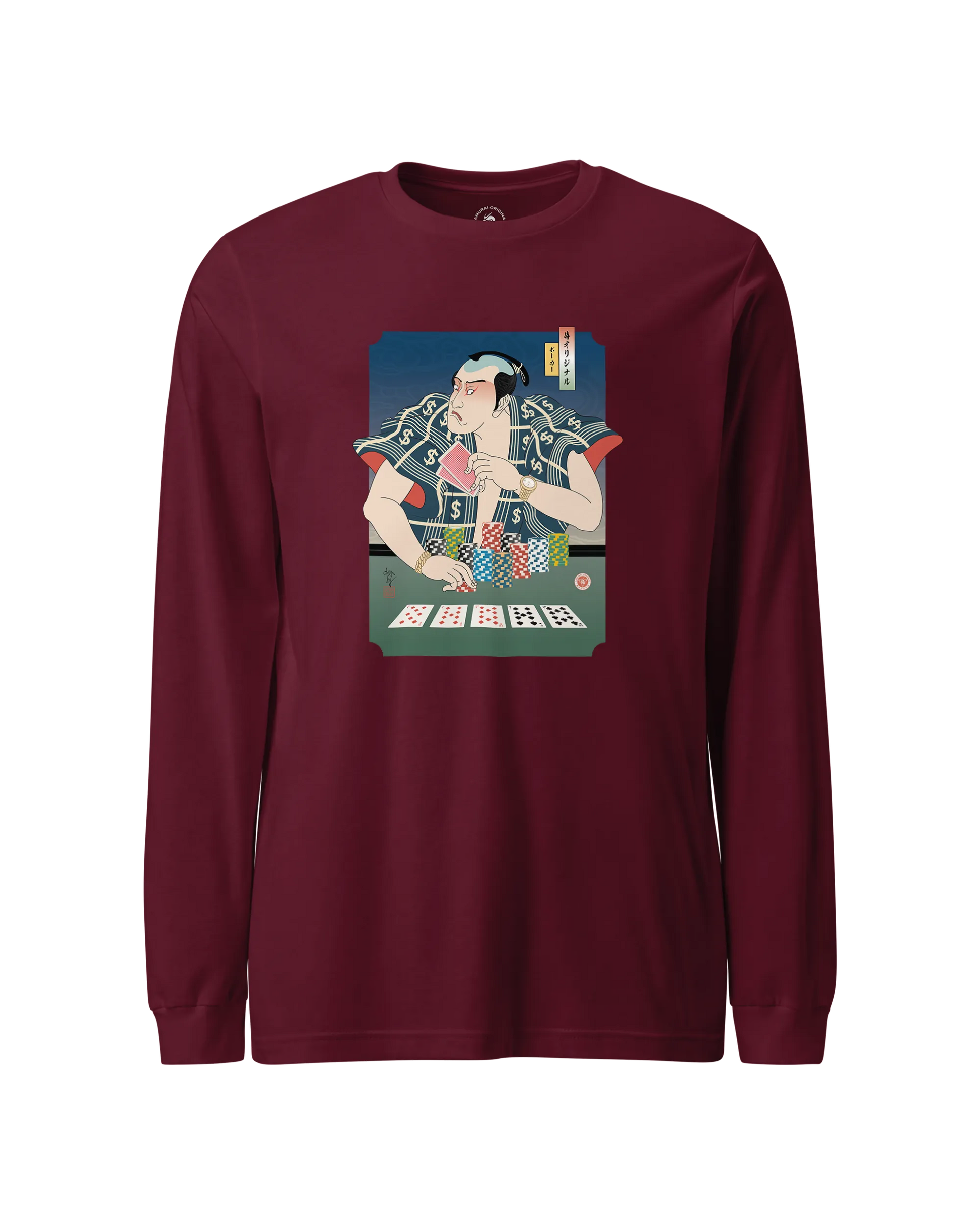 Samurai Poker Ukiyo-e Unisex Long Sleeve Tee Maroon - Samurai Original