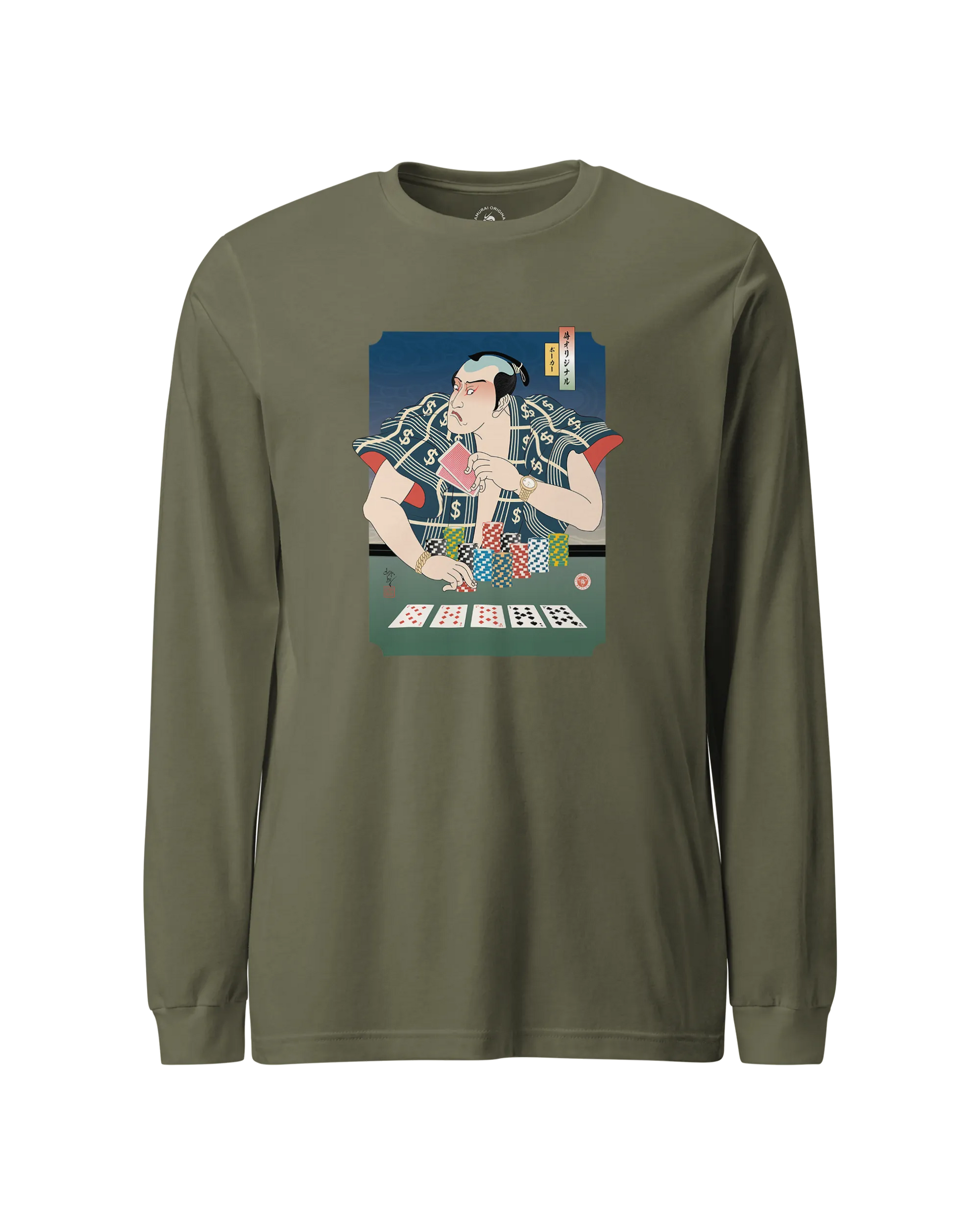 Samurai Poker Ukiyo-e Unisex Long Sleeve Tee Military Green - Samurai Original