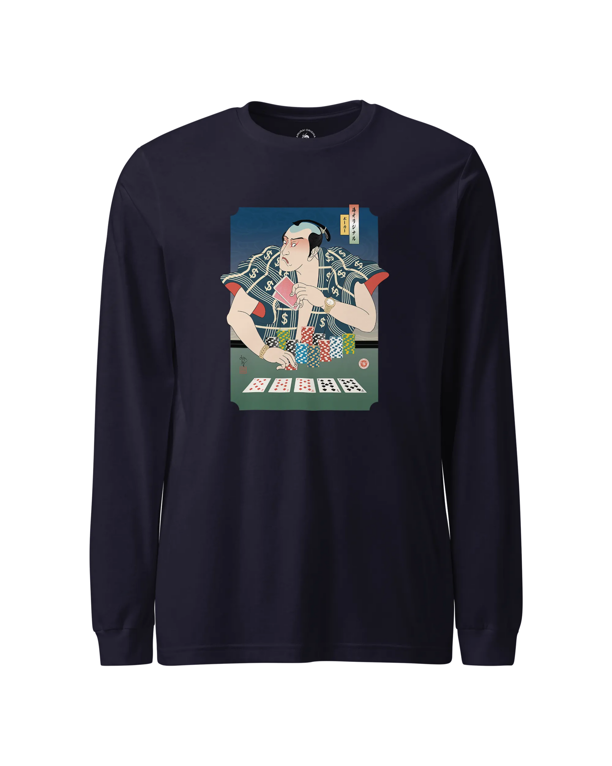 Samurai Poker Ukiyo-e Unisex Long Sleeve Tee Navy - Samurai Original