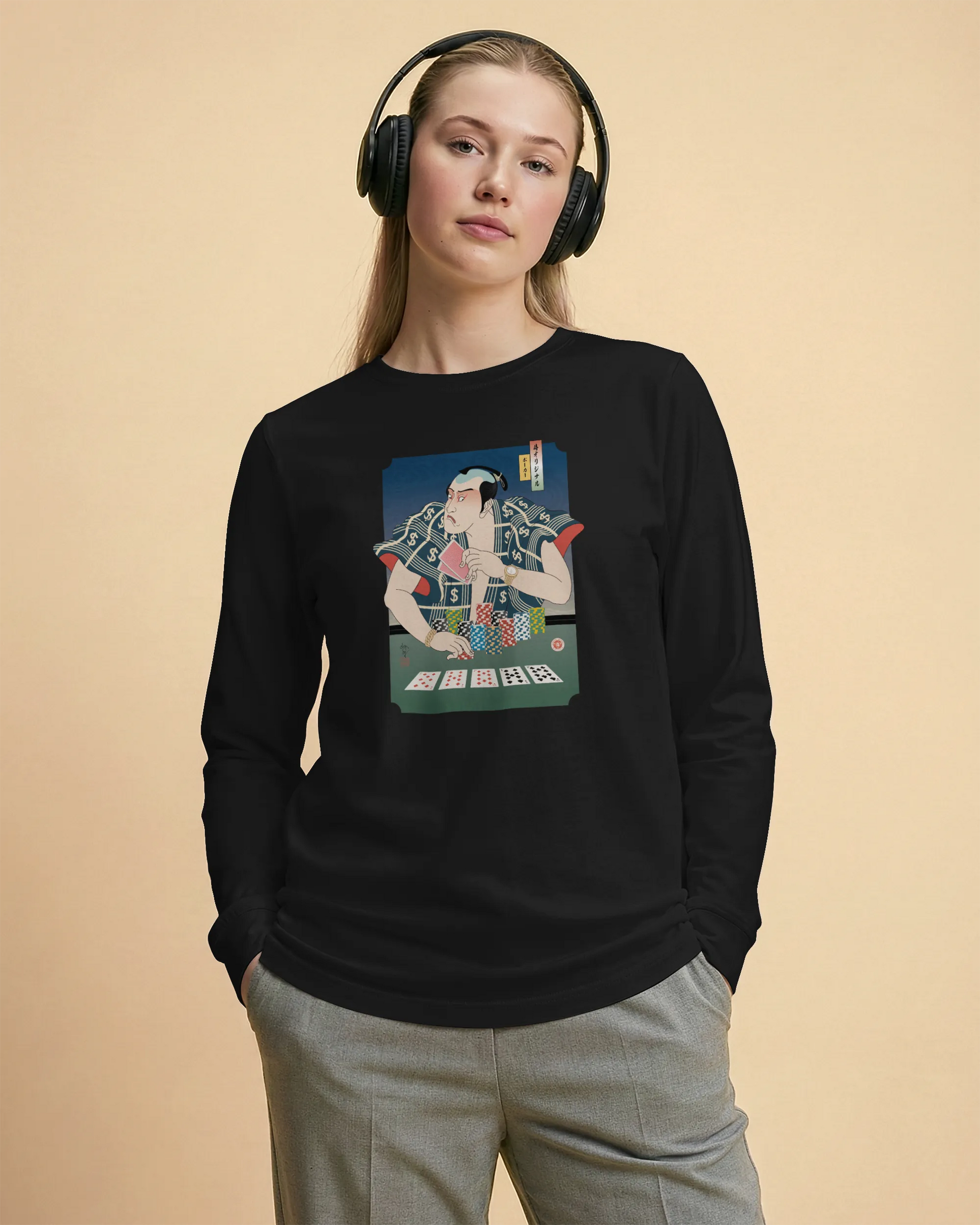Samurai Poker Ukiyo-e Unisex Long Sleeve Tee - Samurai Original