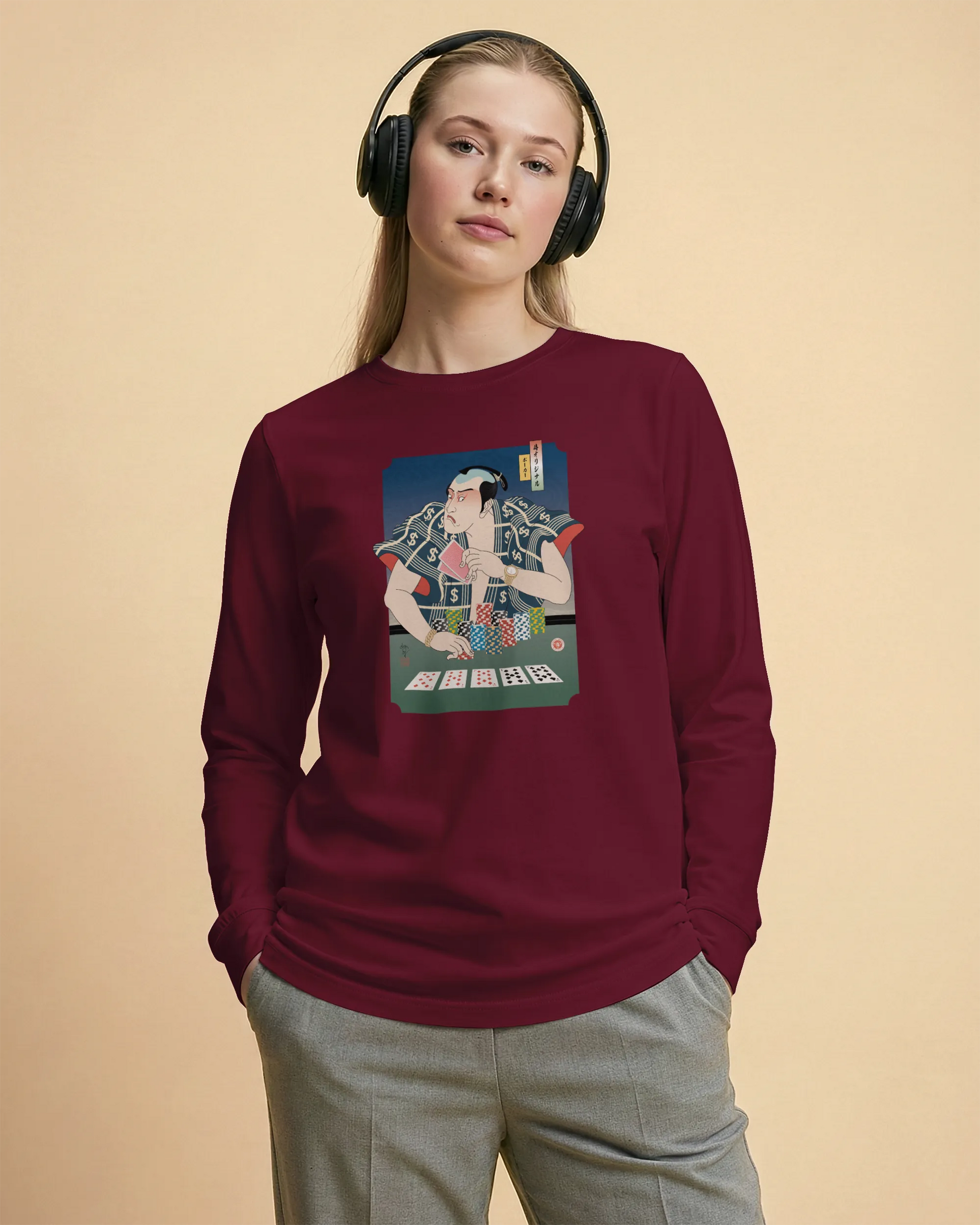 Samurai Poker Ukiyo-e Unisex Long Sleeve Tee - Samurai Original