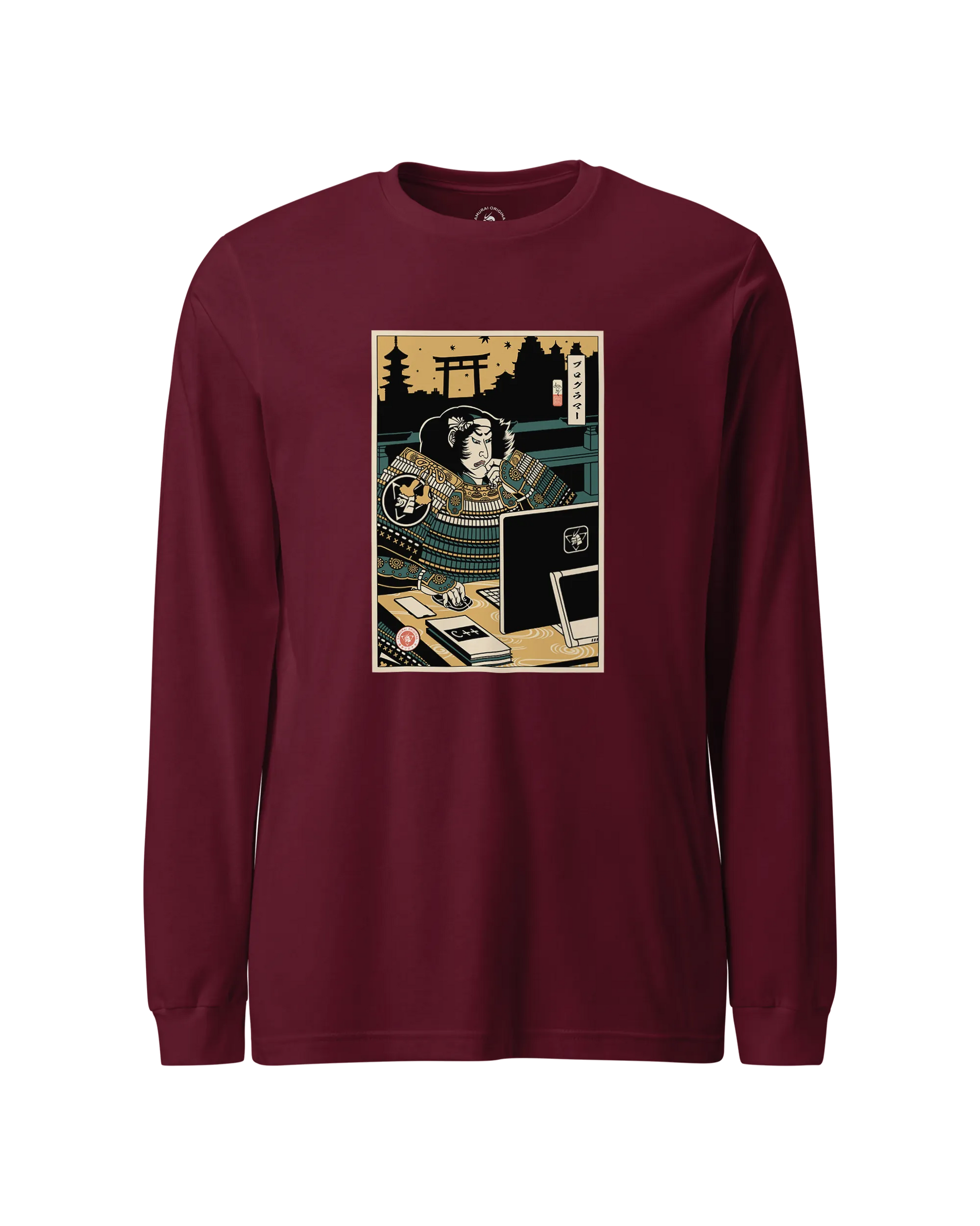 Samurai Programmer 2 Computer Science Ukiyo-e Unisex Long Sleeve Tee Maroon - Samurai Original