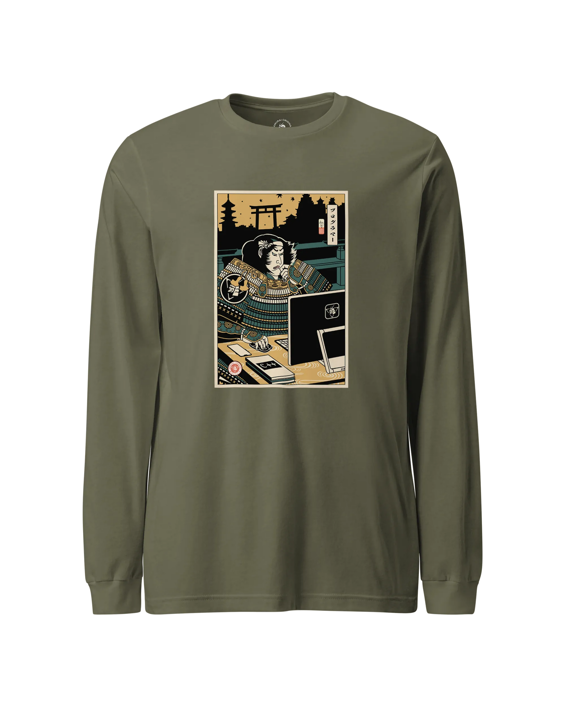 Samurai Programmer 2 Computer Science Ukiyo-e Unisex Long Sleeve Tee Military Green - Samurai Original
