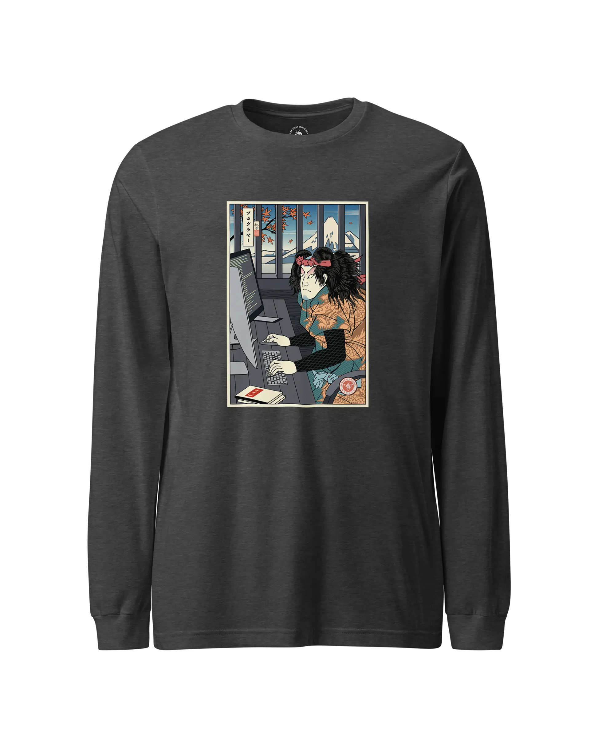 Samurai Programmer 3 Computer Science Ukiyo-e Unisex Long Sleeve Tee Dark Grey Heather - Samurai Original